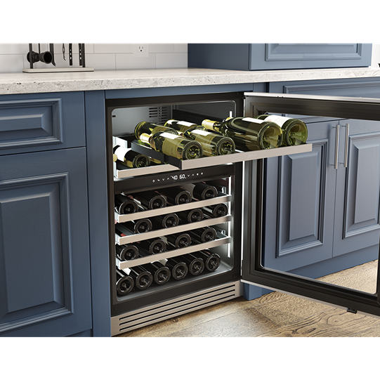 Built-in 24-inch wine cooler with stainless steel frame, glass door, wooden shelves in kitchen appliance setting
