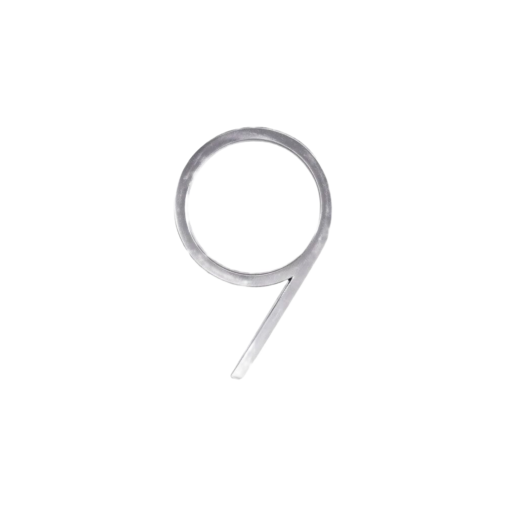 Nickel-finished floating mount house number 9 for home improvement and exterior address display projects
