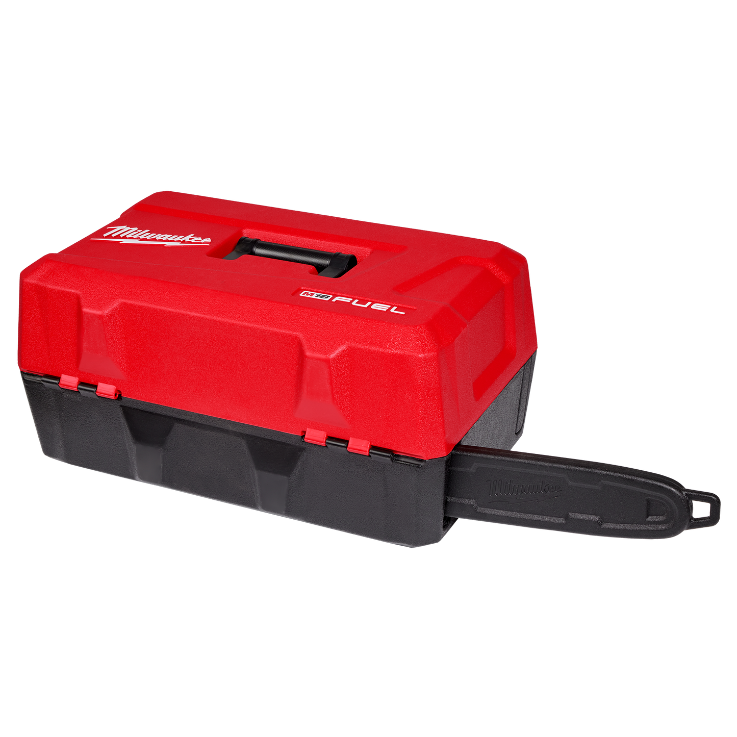 Red and black durable chainsaw case with handle and protective guard for secure storage in tools and home improvement tasks