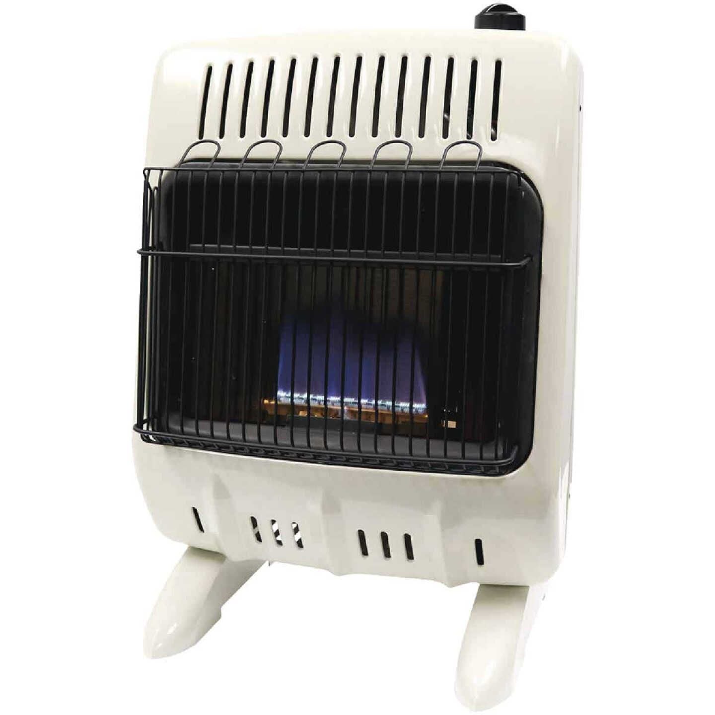 Compact white vented heater with protective black metal grill and visible blue flame for indoor heating use