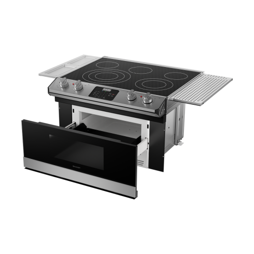 30-inch smart electric cooktop with five smooth top burners, digital controls, and pull-out microwave drawer in stainless steel