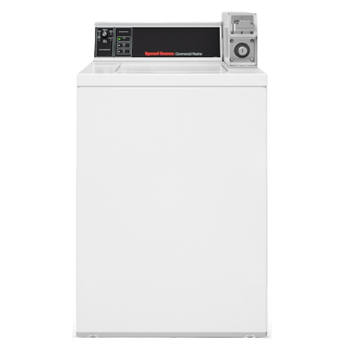 White coin-operated commercial top load washer with control panel, suited for appliances and washers collection
