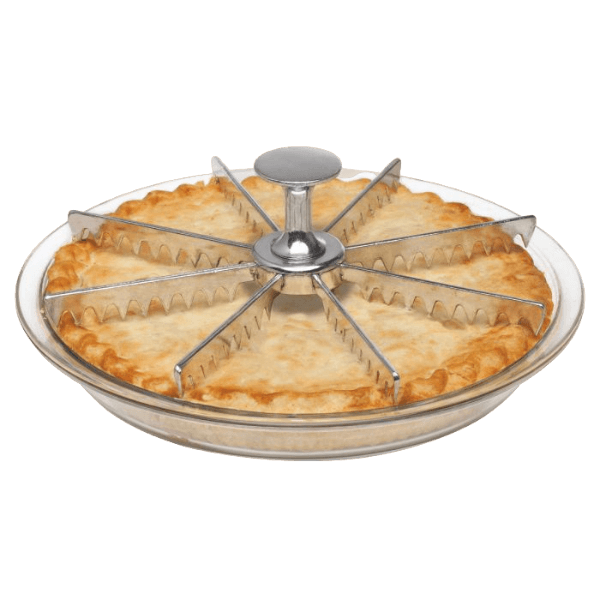Stainless steel pie marker with eight sawtooth blades for evenly cutting and serving pie slices in baking tasks