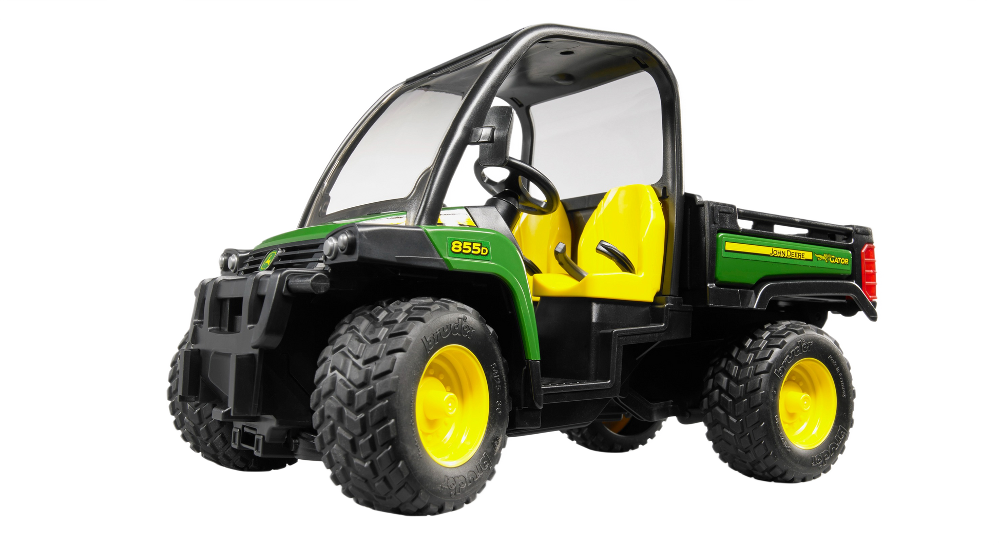 Green and yellow off-road utility toy vehicle with rugged tires and detailed interior seating for two children