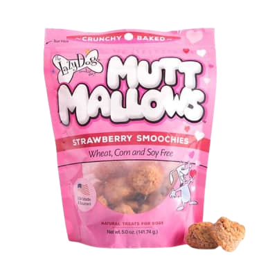 Pink resealable bag of strawberry-flavored soft-baked dog treats with two treats displayed outside the package