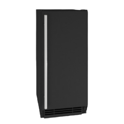 Compact black freestanding ice machine with reversible door and stainless steel handle in kitchen appliances collection