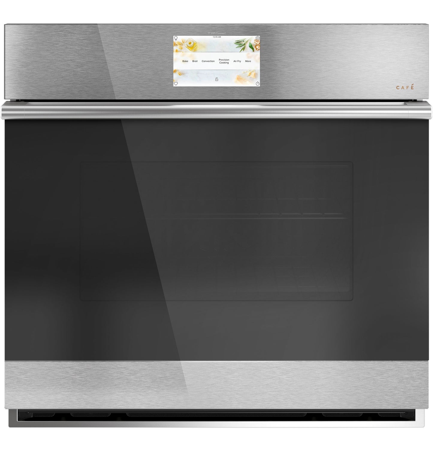 Front view of platinum glass smart single wall oven with convection and digital touchscreen in kitchen appliance collection