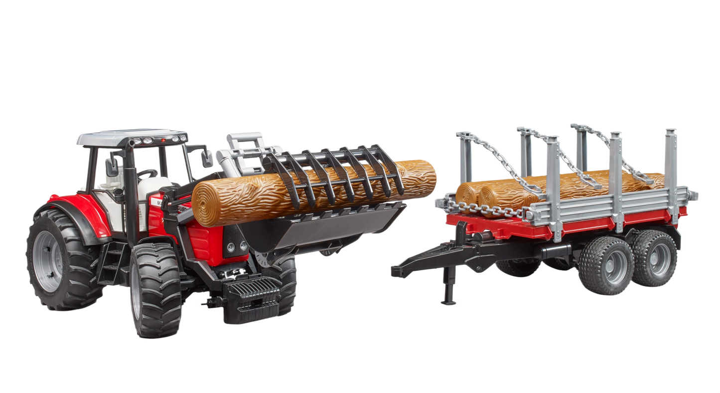 Red and gray toy tractor with front loader carrying log and attached logging trailer in Bruder Toys collection