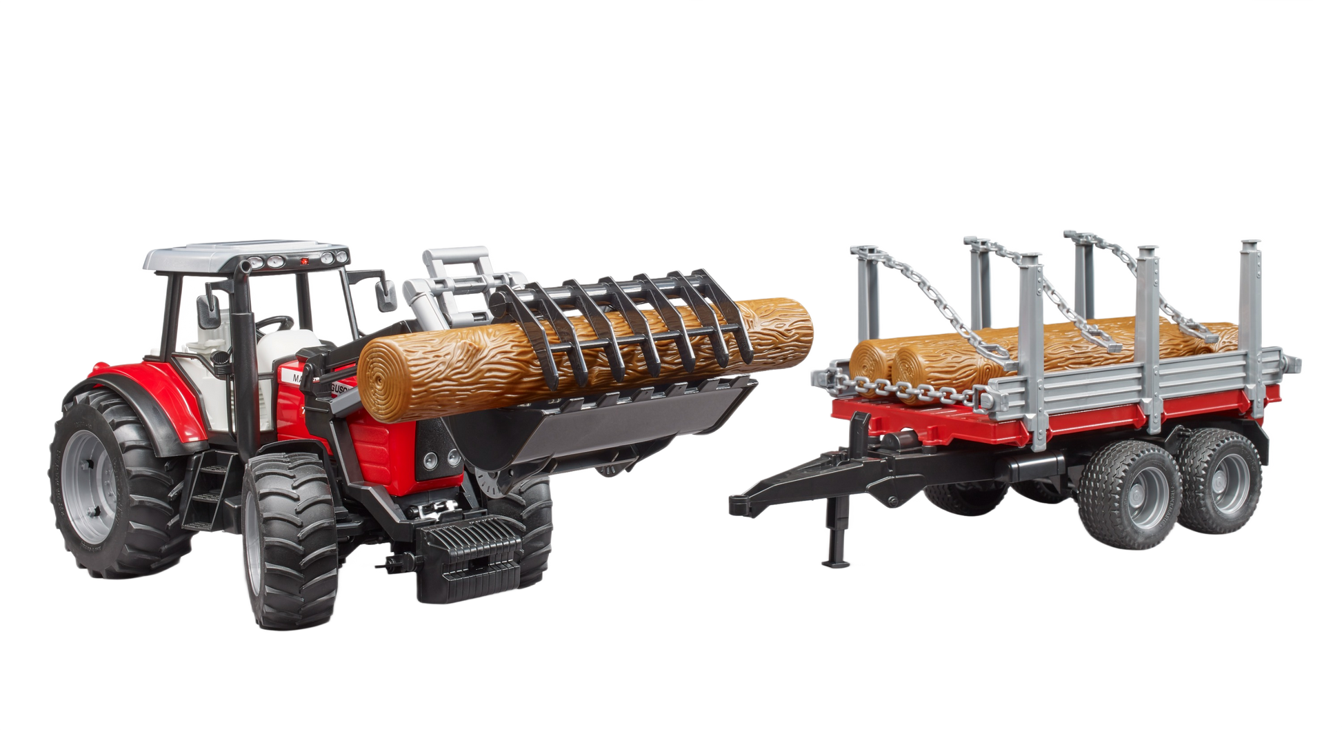 Red and gray toy tractor with front loader carrying log and attached logging trailer in Bruder Toys collection
