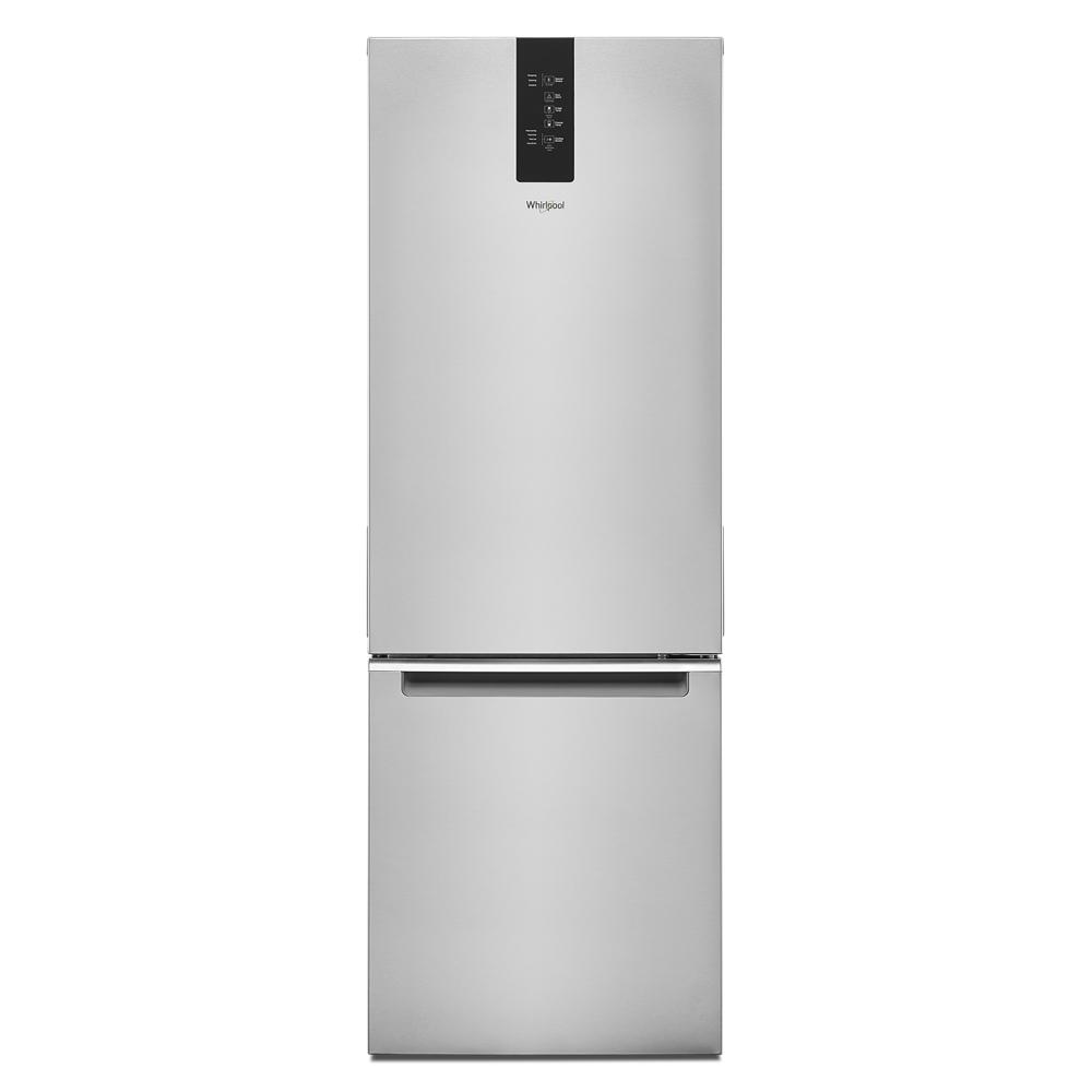 Stainless steel garage-ready bottom-freezer refrigerator with digital control panel for kitchen and appliance collections