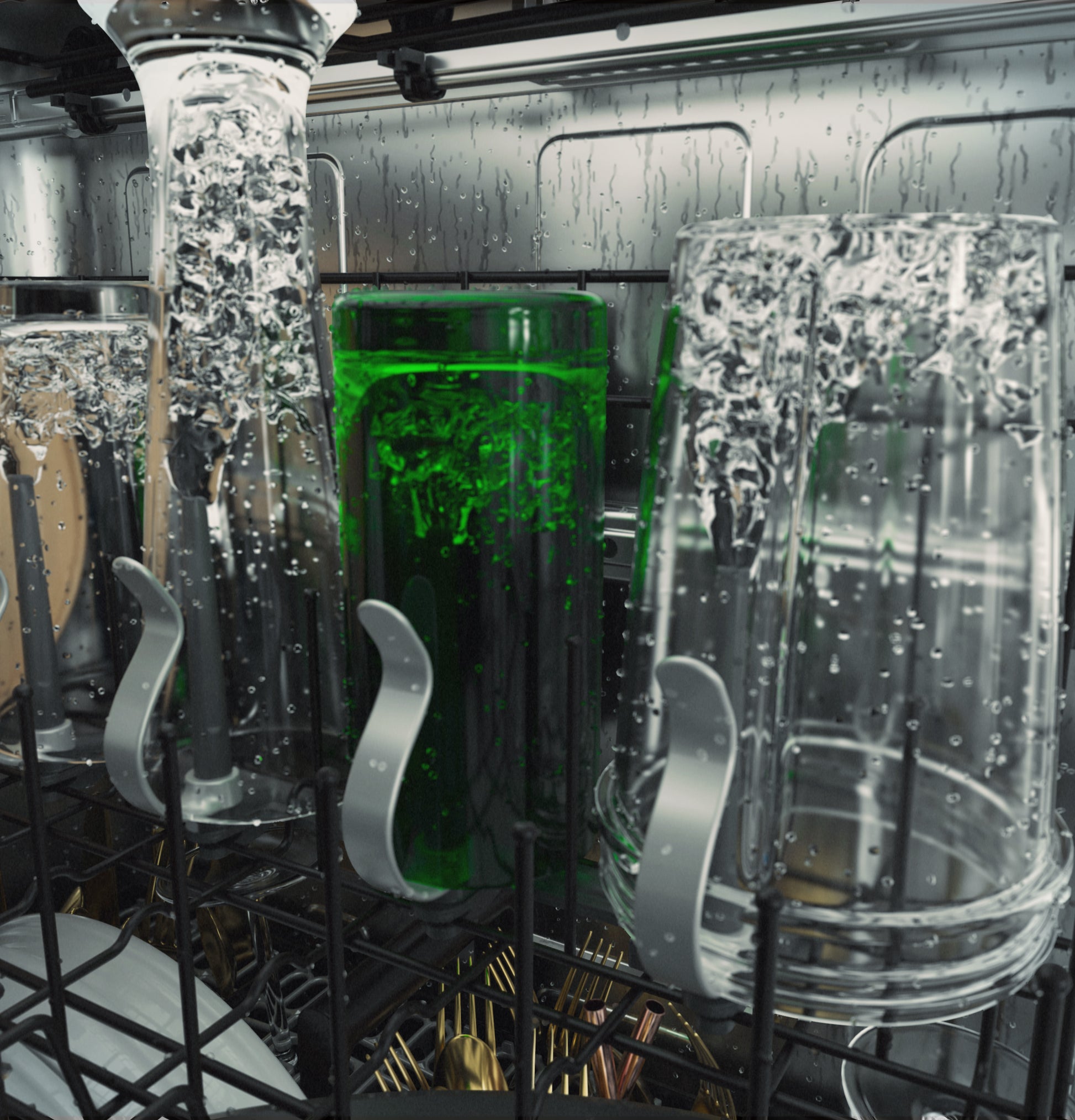 Inside view of stainless steel dishwasher top rack with water spraying on glassware in kitchen appliances collection