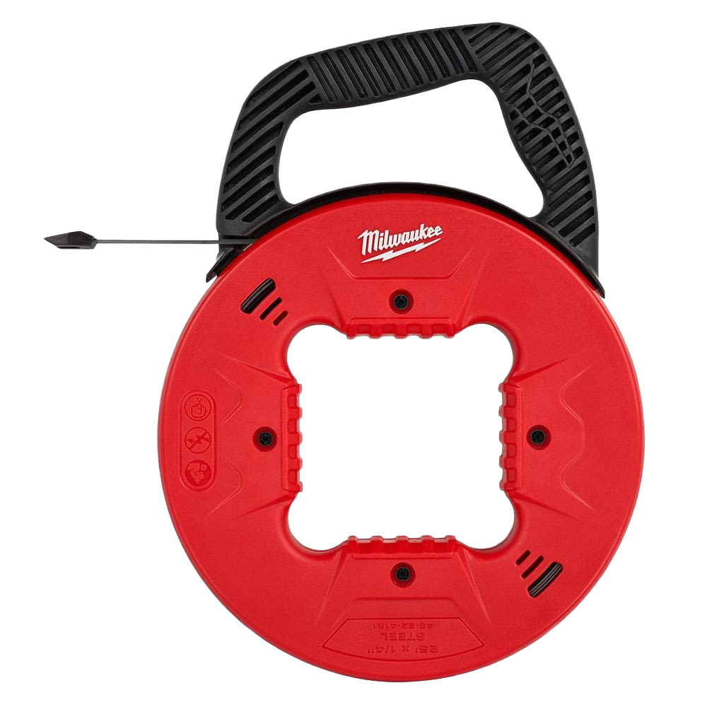 Red and black steel fish tape with ergonomic handle for electrical and conduit tool applications under $50 collections
