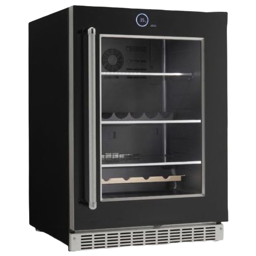 Black beverage and wine cooler with glass door, LED temperature display, metal handle, and multiple storage shelves in Refrigerators collection