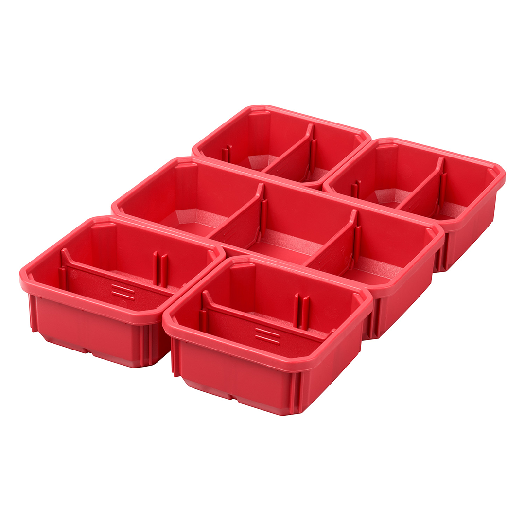 Set of red low-profile plastic bins for tool storage and organization in workshop and garage settings