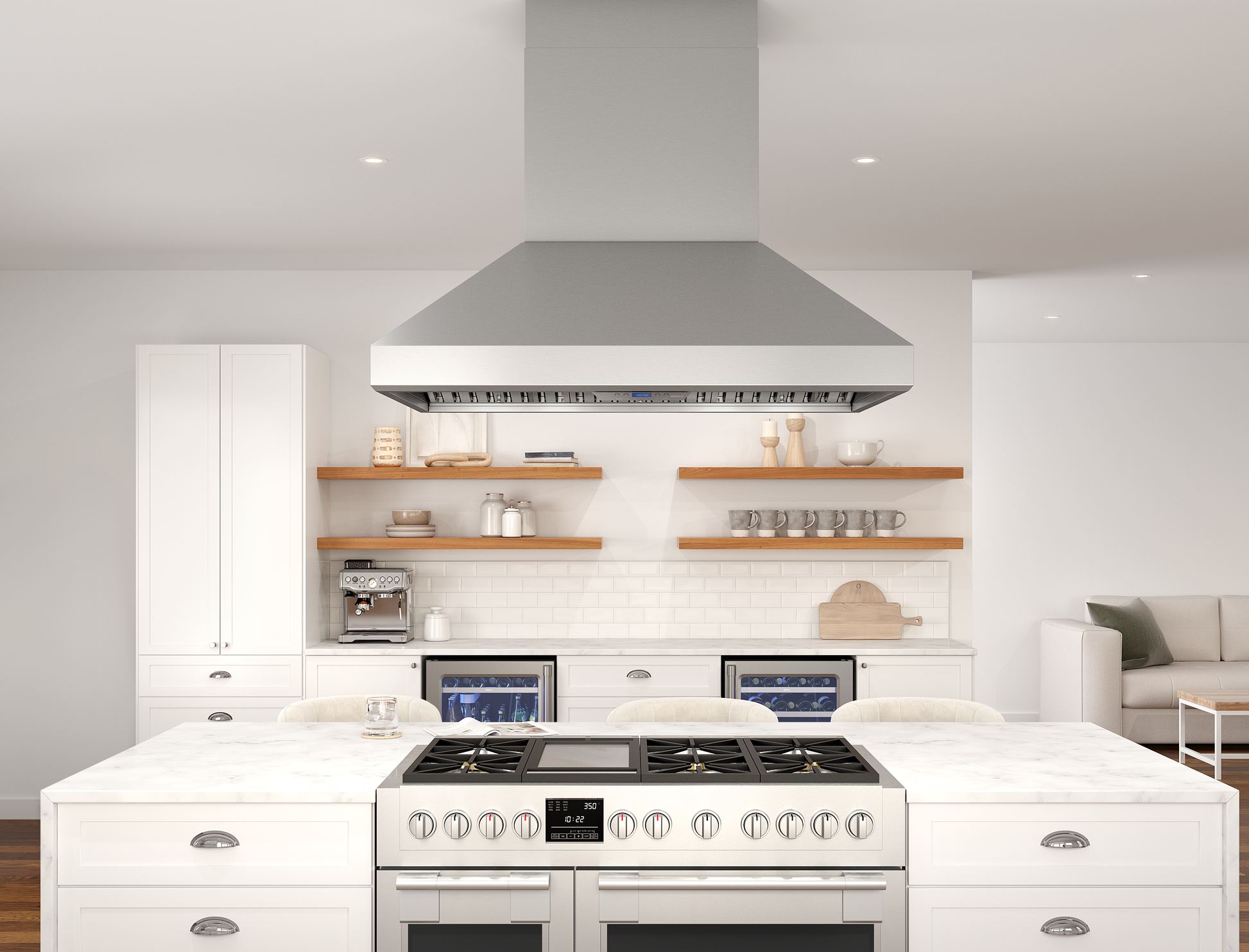 Brushed stainless steel island range hood with PowerWave 750-CFM blower in kitchen and home improvement collections