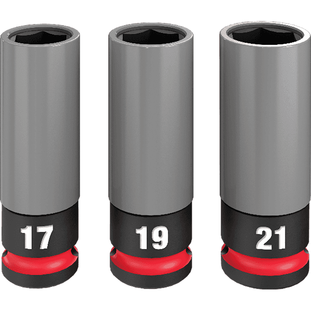 Set of three metal lug nut sockets with red and black armored base for hand tools and home improvement collections under $100