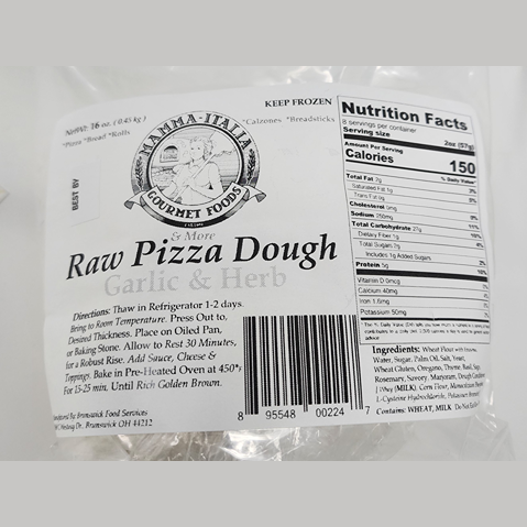 Package of Mamma-Italia raw garlic and herb pizza dough with nutrition facts for grilling and food & beverage collections under $50