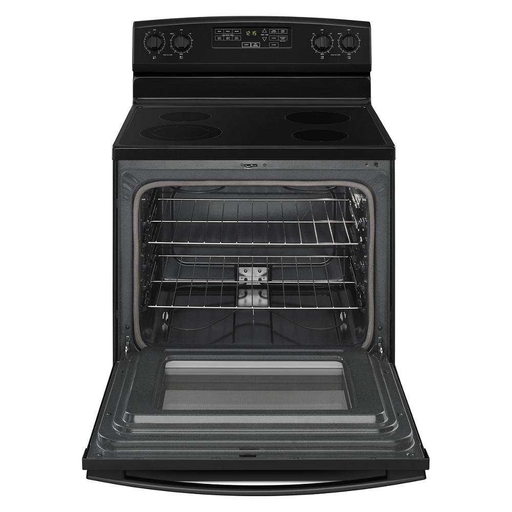 Front view of black electric range with open oven door showing spacious interior and racks from Kitchen & Kitchenware collection
