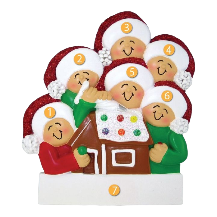 Decorative Christmas ornament featuring six cheerful figures building a festive gingerbread house under $50 collection