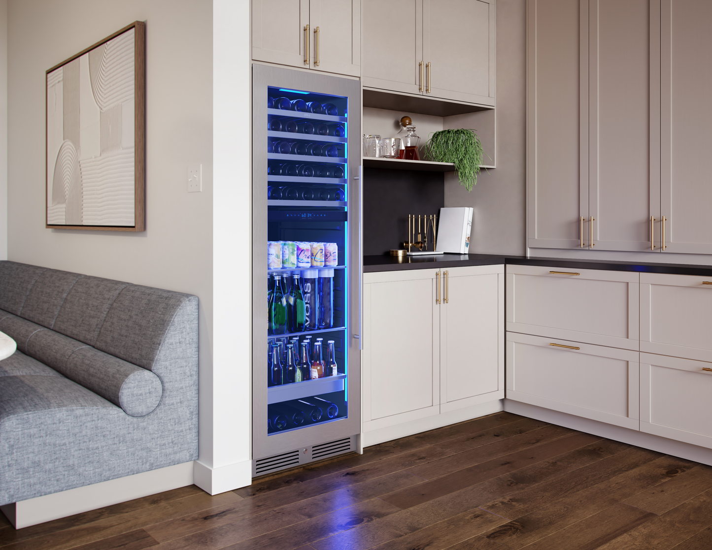 Built-in full-size reversible beverage center with LED lighting, wood racks, and stainless steel details in kitchen appliances collection