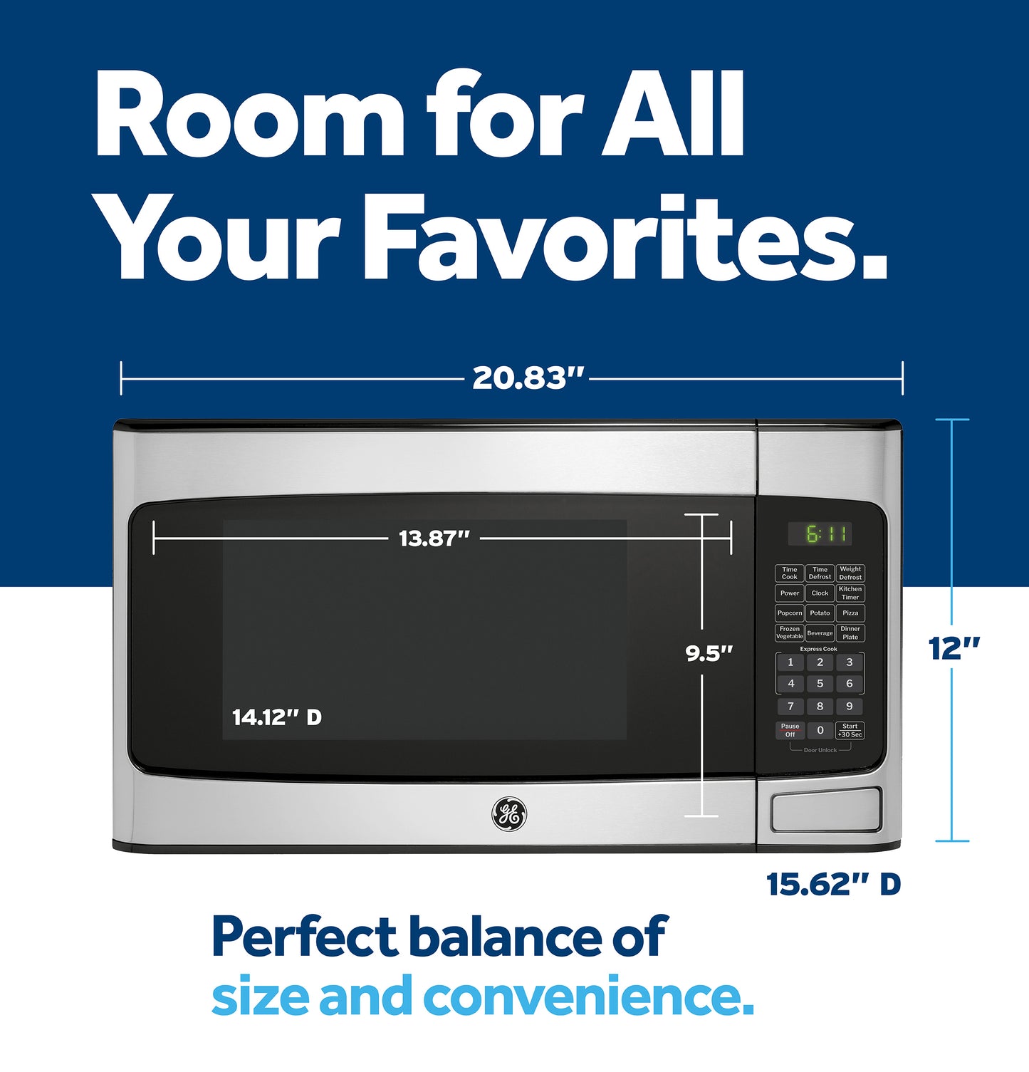 GE countertop microwave oven with dimensions labeled, highlighting spacious interior and digital control panel on blue background