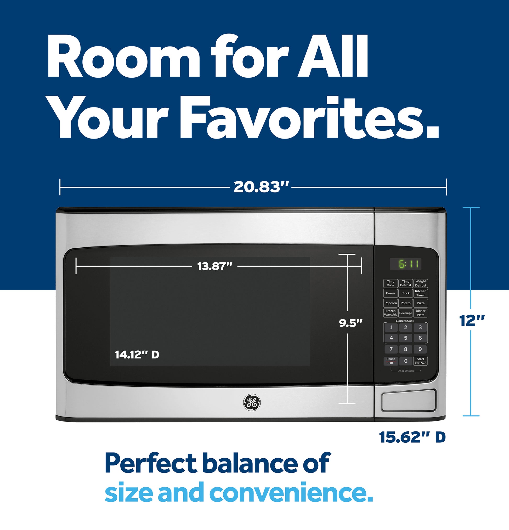 GE countertop microwave oven with dimensions labeled, highlighting spacious interior and digital control panel on blue background