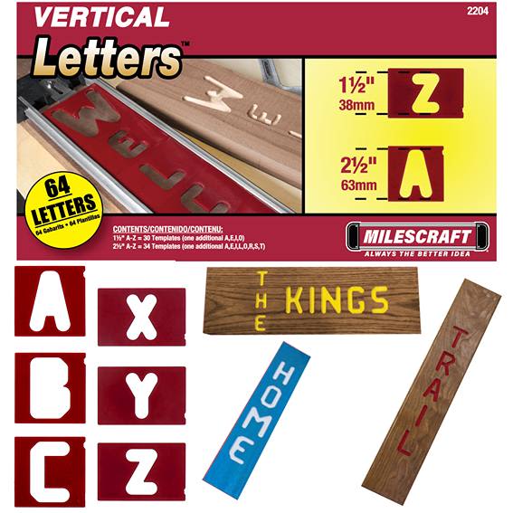 Set of red vertical letter stencils for woodworking tools to create custom signs included in tool accessories collections