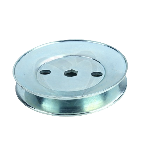 Metal pulley wheel with central hexagonal hole and two side mounting holes for tools and home improvement projects
