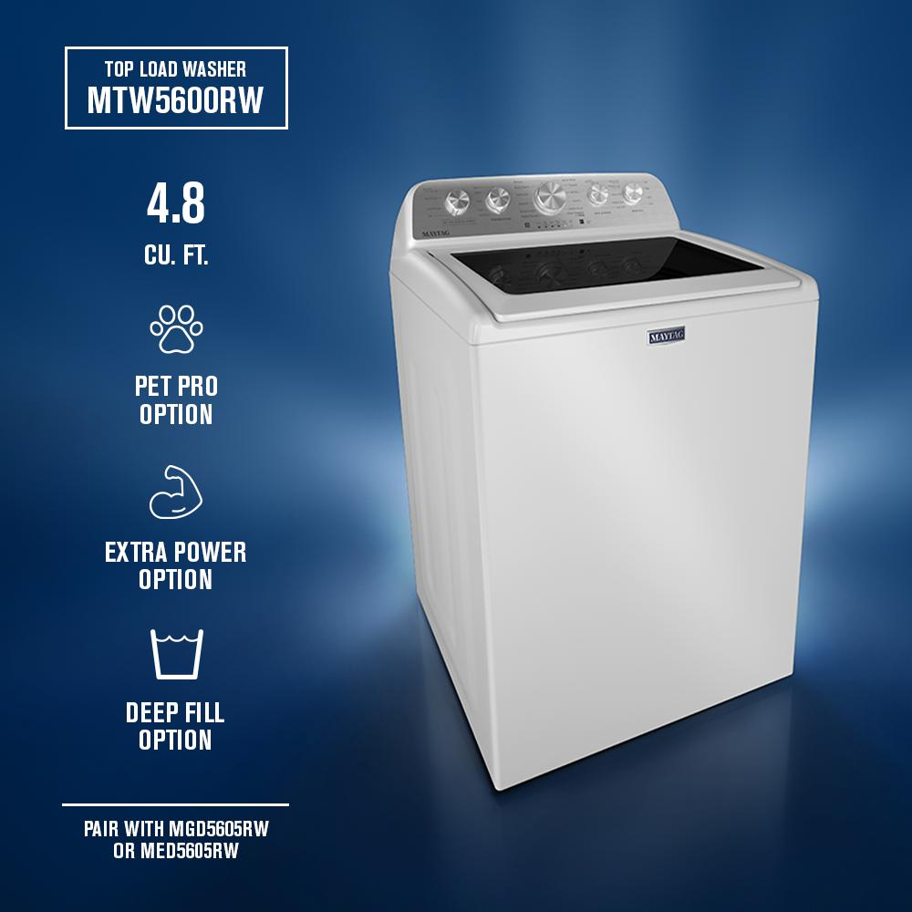 White top load impeller washer with control knobs and digital display, highlighting pet pro and extra power features