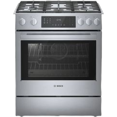 stainless steel gas slide-in range with touchscreen controls and heavy-duty knobs for kitchen appliances and home improvement