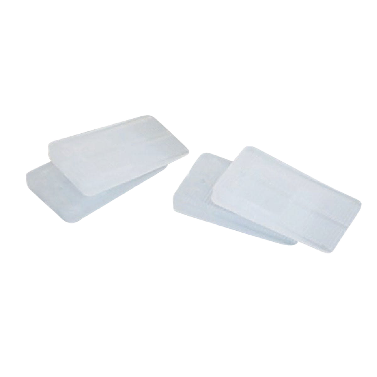 Set of four ribbed plastic shims for plumbing and toilet repair tasks, designed to stabilize and level fixtures.