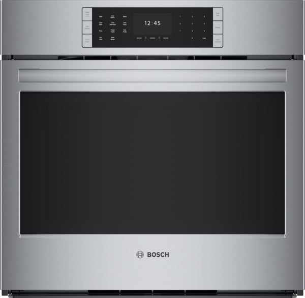 Front view of stainless steel built-in wall oven with digital touch display from Bosch kitchen appliances collection