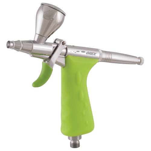 Pistol style airbrush with bright green ergonomic grip and silver top gravity cup for paint sprayers and home improvement tools