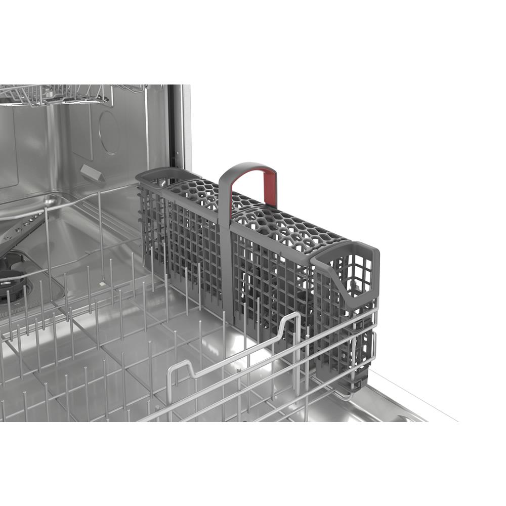 Interior view of dishwasher lower rack with removable silverware basket featuring red handle in kitchen appliances category