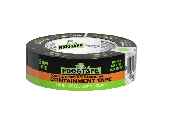 Roll of double-sided poly-hanging containment tape with green and orange labeling for home improvement projects