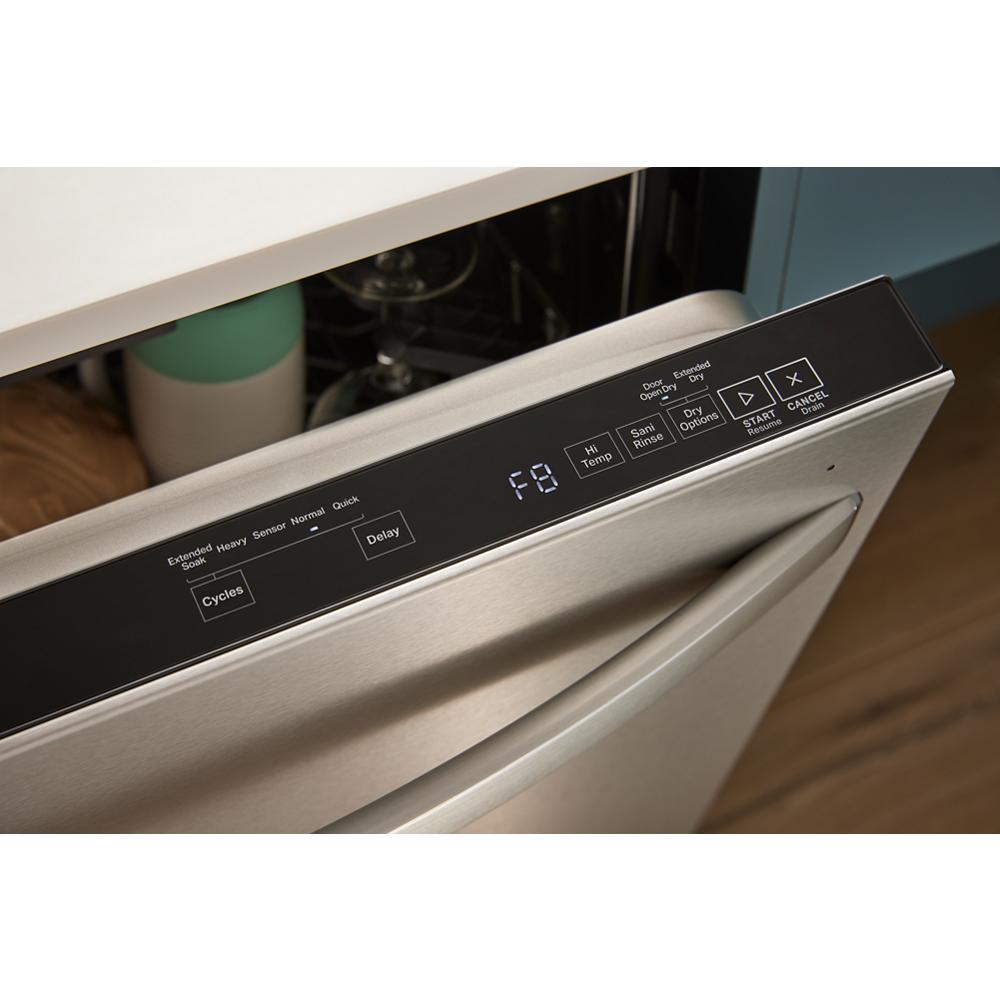Close-up of stainless steel dishwasher control panel with digital display and touch buttons from appliances collection