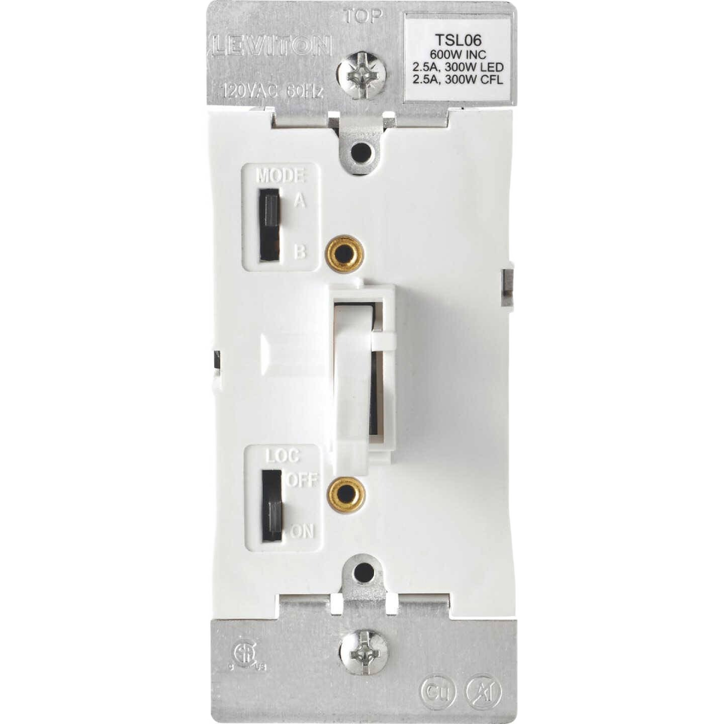 White electrical toggle slide dimmer switch with adjustable mode and lock settings for home improvement collections
