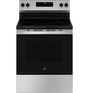 Stainless steel electric range with smooth cooktop and digital display, part of kitchen appliances and ranges collection
