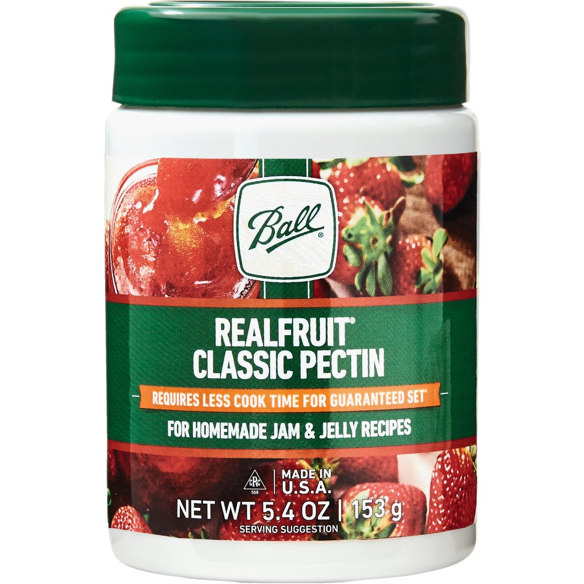 Container of Ball RealFruit Classic Pectin with green lid and label featuring strawberries and jam for homemade preserves
