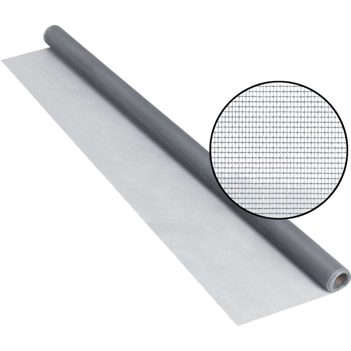 Gray fiberglass screen mesh roll partially unrolled with close-up of woven fiber pattern for home improvement tasks