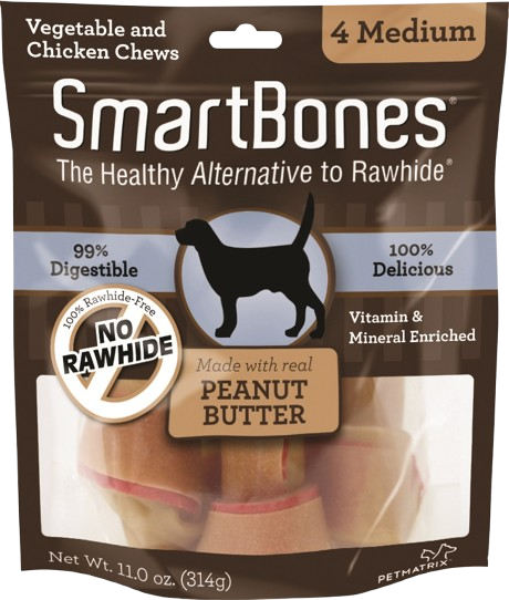 Package of medium peanut butter dog chews made with chicken and vegetables for pet treats and supplies collections