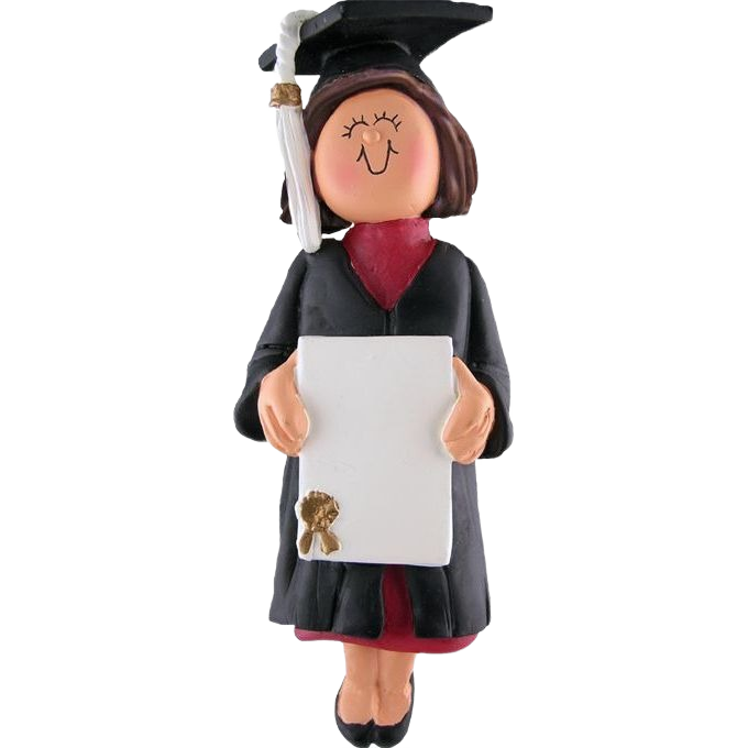 Brunette female graduate ornament holding diploma in cap and gown for Christmas Ornaments & Tree Decorations under $50 collection
