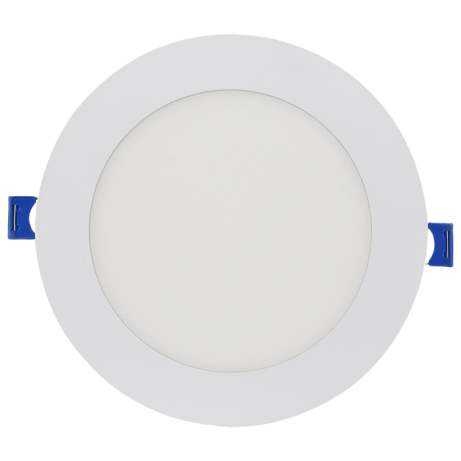 White round LED recessed downlight with blue mounting clips, designed for lighting and electrical home improvement use under $100.