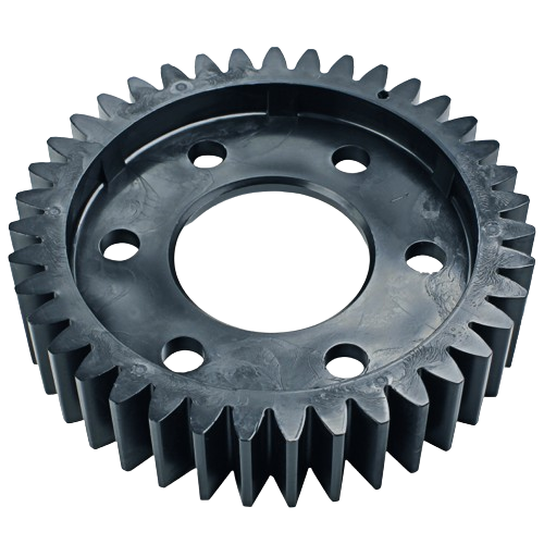 Circular dark plastic spur gear with evenly spaced teeth and multiple mounting holes for mower repair projects
