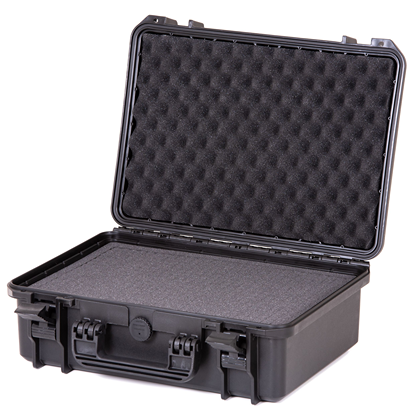 Black hard plastic tool case with foam padding for protective tool storage and workshop organization