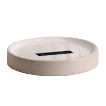 Round white stoneware soap dish with oatmeal-colored base for bathroom and bath accessories collections