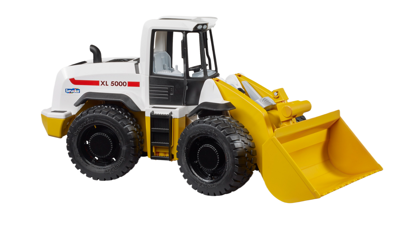 Compact white and yellow Bruder XL 5000 wheel loader toy with detailed cabin and large front bucket for construction play