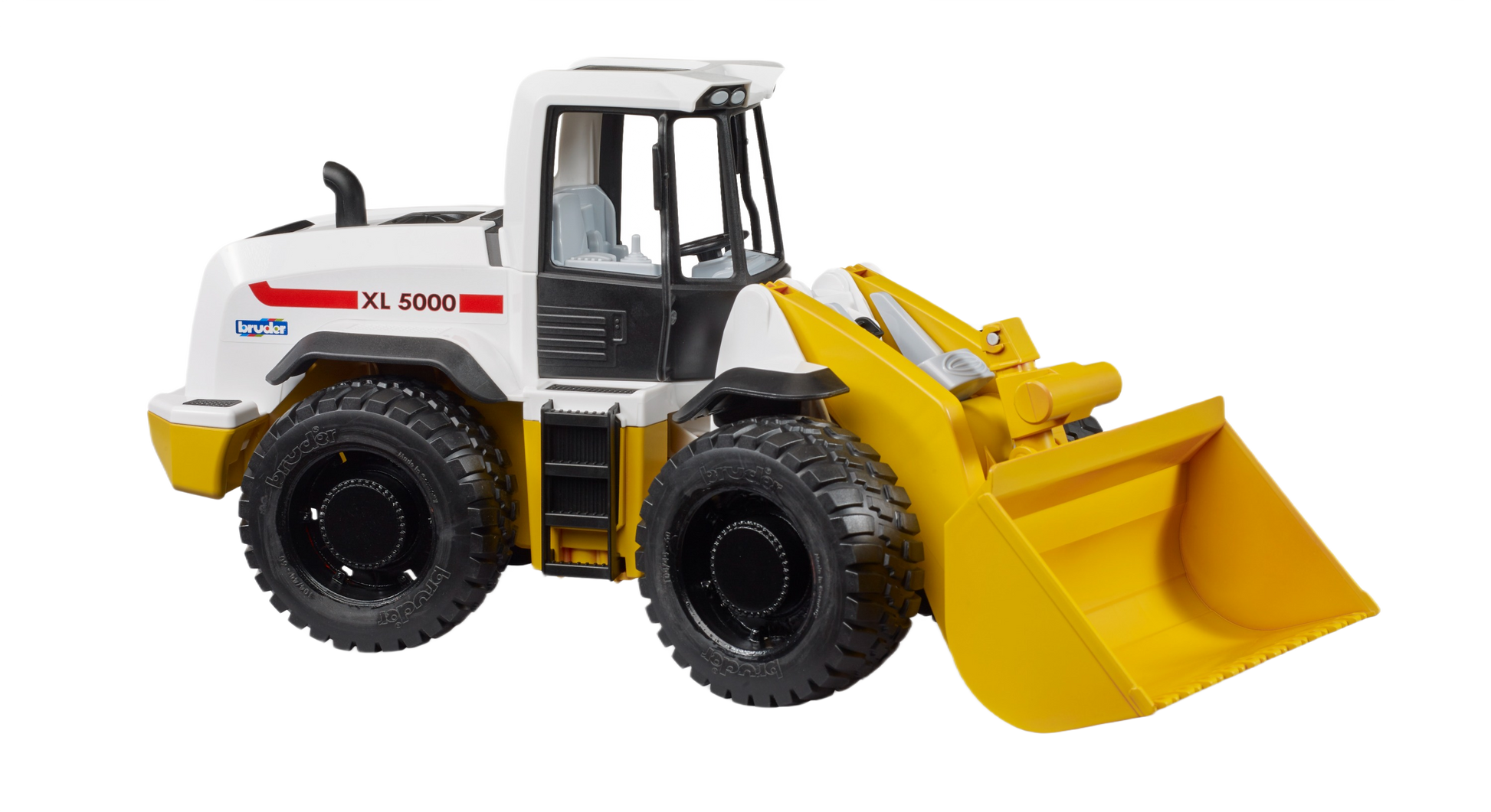 Compact white and yellow Bruder XL 5000 wheel loader toy with detailed cabin and large front bucket for construction play