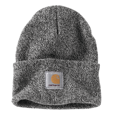 Gray acrylic rib knit cuffed beanie with a stitched logo patch, a durable and warm accessory from clothing and scarves & hats collections.