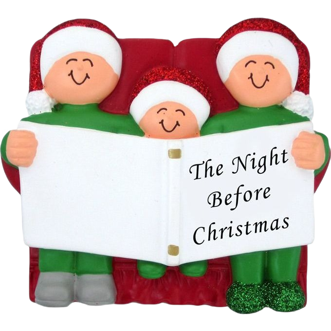 Three smiling figures in green pajamas and Santa hats holding a book titled The Night Before Christmas ornament